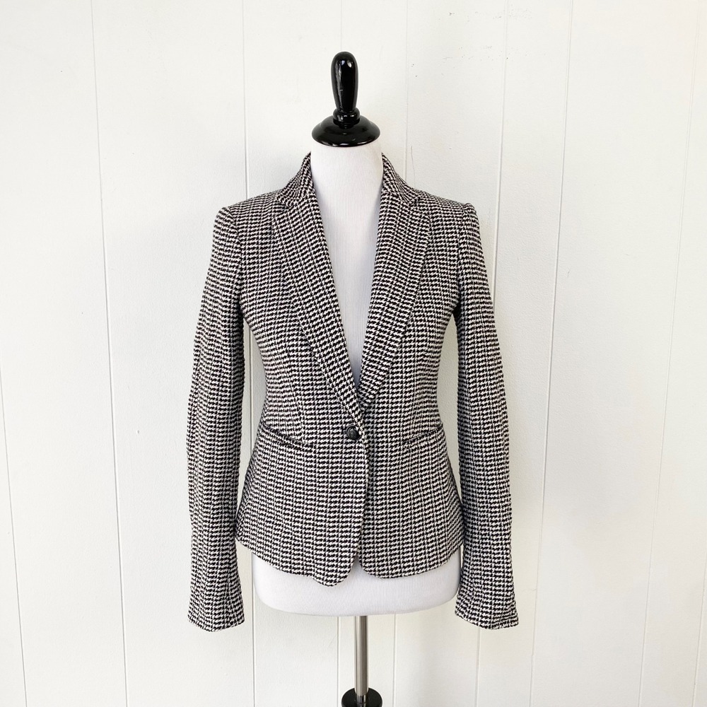 Ann Taylor Black White Houndstooth Single Button Blazer Size 2 Academia Fall